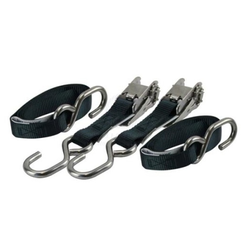 Transom Tiedowns 25mm x 1.5m SS Ratchet S Hooks 250KG Load 500KG  Break (Pair) 70534