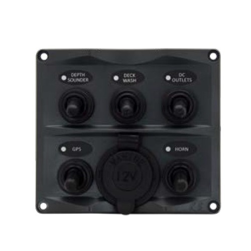 Waterproof IP66 LED Switch Panel 5 Gang and 12V Socket Wired 12/24V 113822